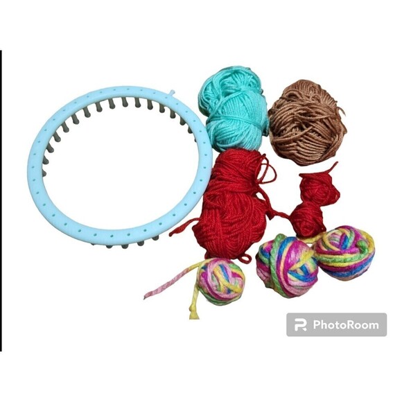 Blue Round Knitting Loom and Multicolor Yarns - Picture 6 of 7